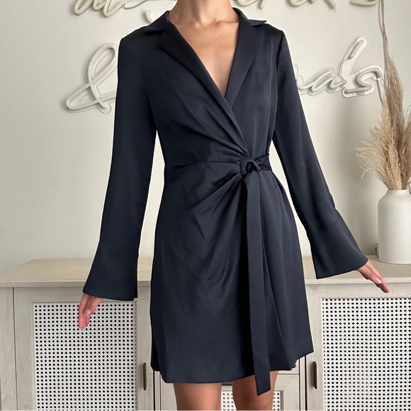 Mango Satin Shirt Tie Dress Night Blue - Picture 2 of 4